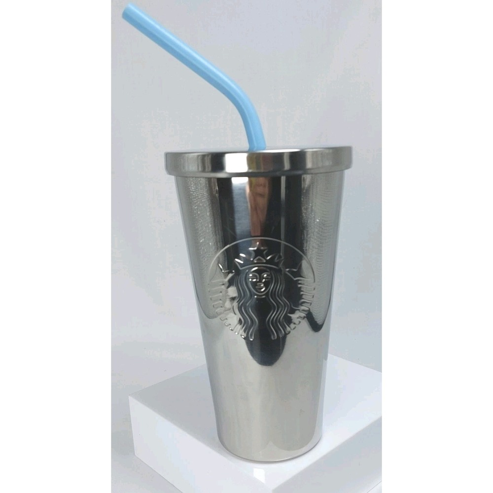 Starbucks Stainless Steel Tumbler Metal Travel Cold Cup Logo 16 oz Lid‎ & Straw